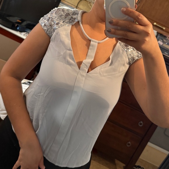 BCBGMAXAZRIA Elegant Gray Sequin Sleeve Women's Top size S - Picture 3 of 8